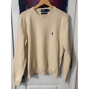 Polo Ralph Lauren Mens XL Cream Cotton Crewneck Knit Sweater Navy Pony Logo